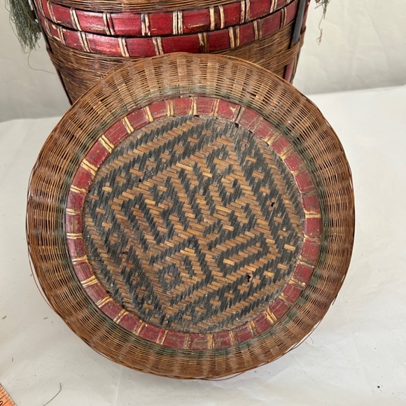 VINTAGE Antique Chinese Wedding Basket 2 Tier RARE Top & Wicker & Bamboo Cane - Picture 2 of 12